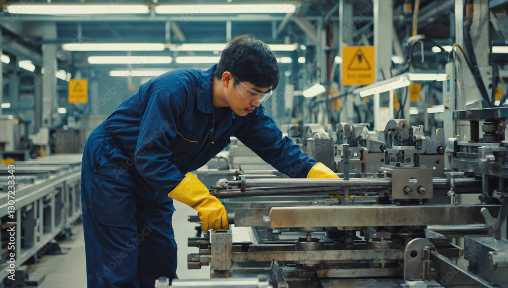 Factory Worker Operating Machinery Safely Factory Worker Operating Machinery Safely