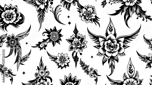 Floral Elegance: A captivating display of intricate floral designs in a monochrome palette, offering a timeless aesthetic that resonates with vintage charm and modern flair.