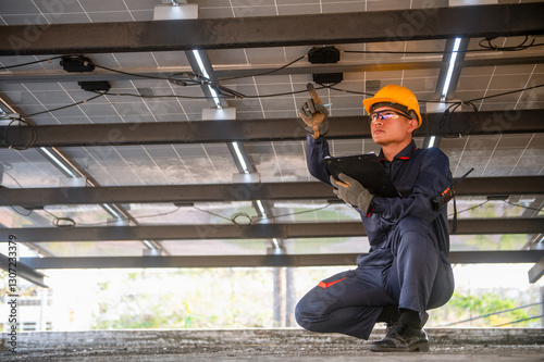 фотографія A solar panel installer points his finger at a faulty power line and notes it on a clipboard