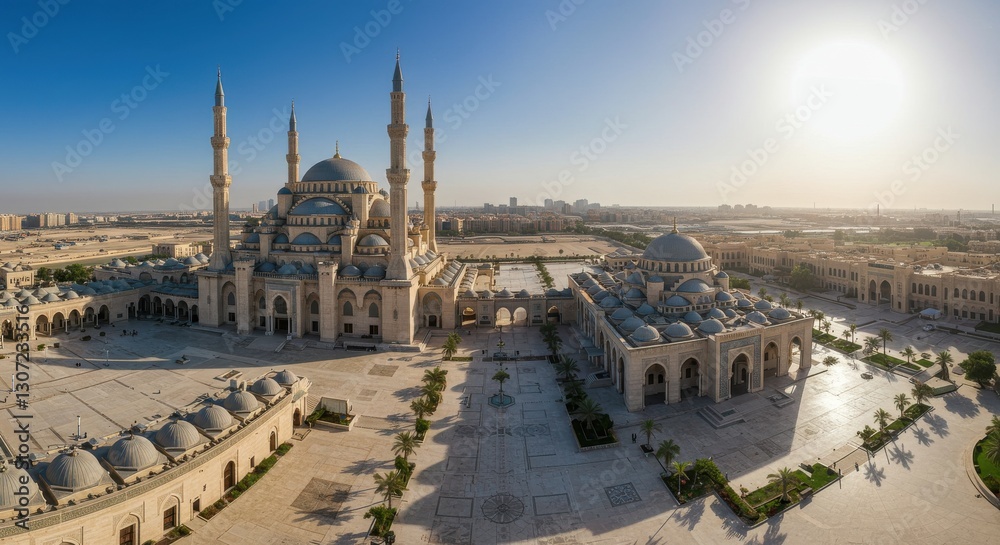 Fototapeta premium Aerial view of a grand mosque with minarets against a clear sky at sunrise