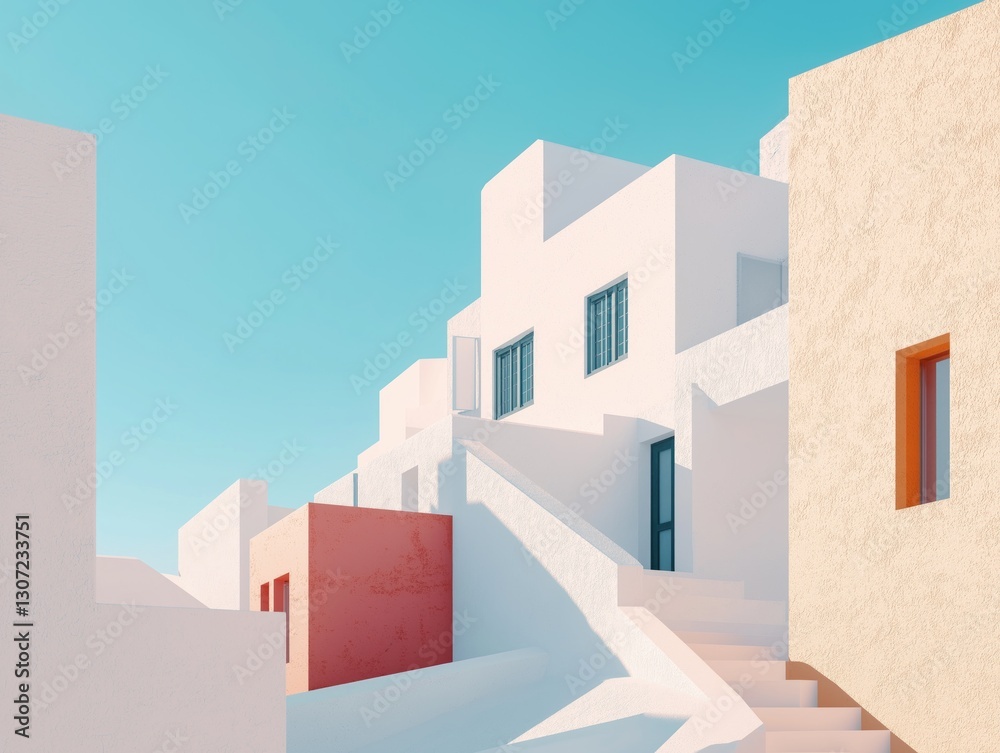 Mediterranean Escape: High-Def Panorama of Pastel Houses Under a Blue Summer Sky in Greece. Mediterranean Escape: High-Def Panorama of Pastel Houses Under a Blue Summer Sky in Greece.