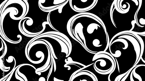Floral Flourish: Elegant, seamless pattern of white swirling floral elements against a stark black backdrop, creating a stunning display of contrasting textures.
