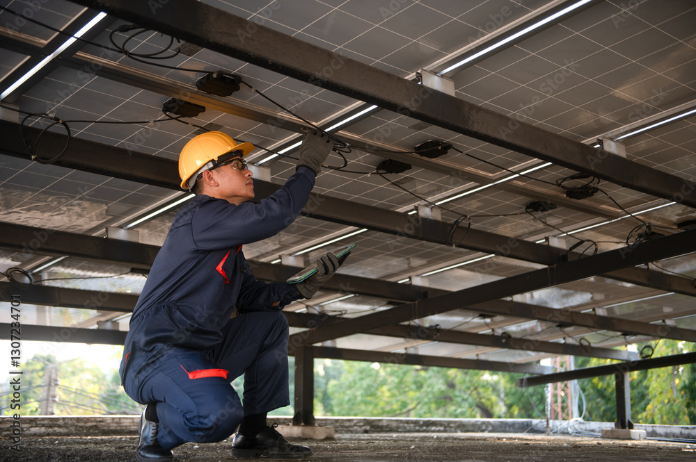 Solar panel installer is inspecting the electrical circuits and wiring connected to the solar panels. Solar panel installer is inspecting the electrical circuits and wiring connected to the solar panels.