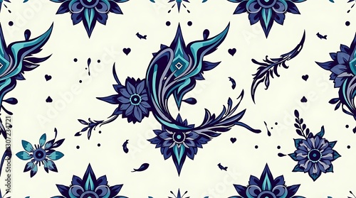Whimsical Floral Pattern: A repeating, artistic pattern showcasing stylized, swirling floral elements in shades of blue and cream, evoking a sense of elegance and enchantment. 