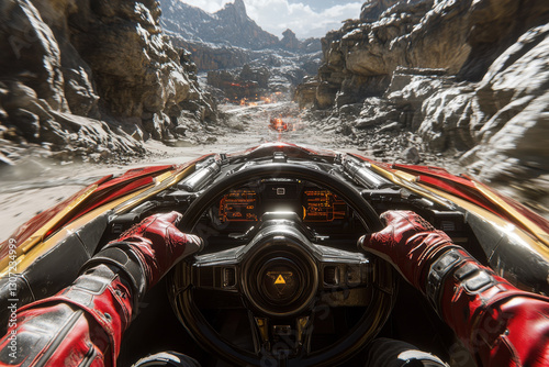 Futuristic racing game scene featuring high-speed spaceship in rocky canyon landscape