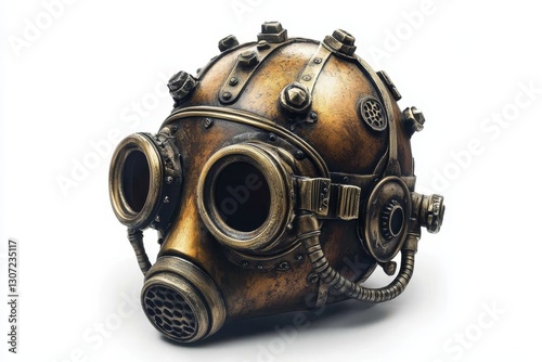 Detailed illustration of an antique diving helmet on a clean white background.