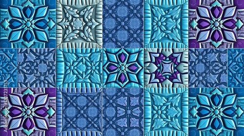 Floral Tile Pattern: An intricate, multi-tonal tile pattern, showcasing a mosaic of floral motifs in cool blues and purples, creating a visually captivating and decorative design.