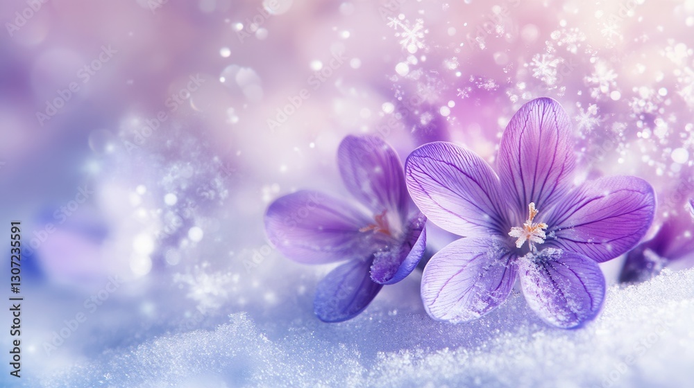 Obraz premium Purple crocus flowers emerging through snow with sparkling bokeh.