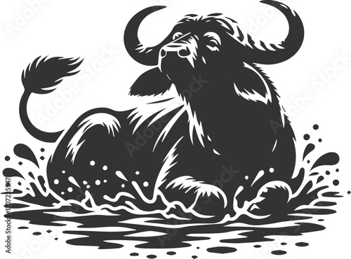 Buffalo rolling in mud, cooling itself animal vector silhouette