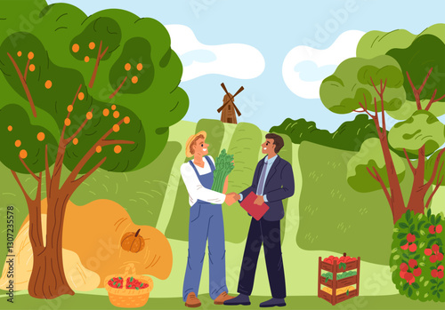 Businessman and farmer. Agriculture worker growing organic fruit and vegetables. Gardener and investor concluding contract. Natural food supply agreement. People handshake. Vector concept