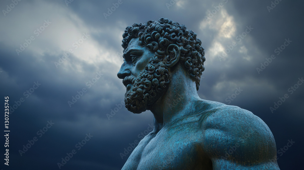 Fototapeta premium A striking bronze statue of a muscular figure with curly hair and beard, set against dark, ominous clouds, exuding strength and drama.
