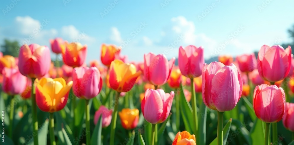 Tulip field with varying shades of light blue sky, nature, light blue, landscape Tulip field with varying shades of light blue sky, nature, light blue, landscape