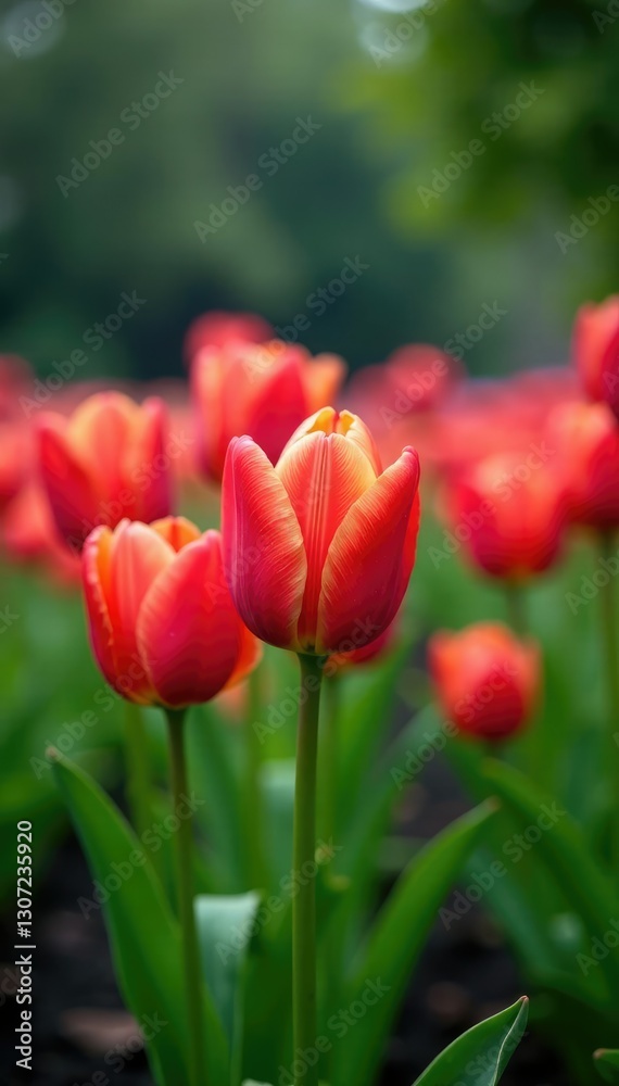 Tulips in a garden with blurry background and raindrops, floral arrangement, garden backdrop, tulip field Tulips in a garden with blurry background and raindrops, floral arrangement, garden backdrop, tulip field