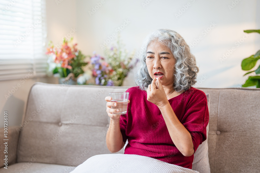 unhealthy middle aged 50s woman holding glass of water taking dietary supplement vitamin pill. Old women multivitamins antioxidants for anti age beauty. unhealthy middle aged 50s woman holding glass of water taking dietary supplement vitamin pill. Old women multivitamins antioxidants for anti age beauty.