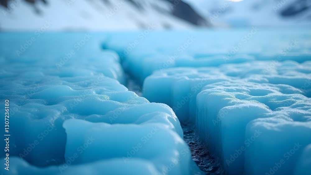 Fototapeta premium Majestic Blue Ice Landscape with Snowy Mountains in Background. Serene, Cold and Frozen Panorama 