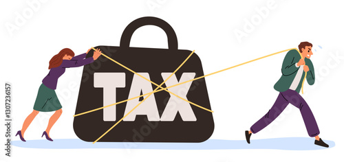 Burden taxes for young family. Couple pulling duty weight. Debt payment. Overload people paying money for credit. Banking loan payment. Economy crisis and recession. Vector concept