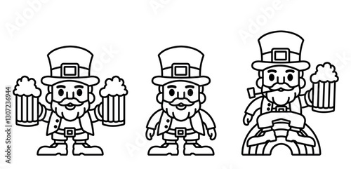Leprechaun in various poses linear black and white character. Happy St. Patrick's Day