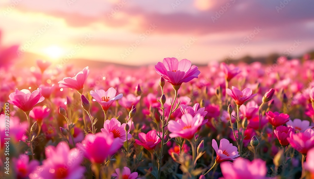 Obraz premium Blooming Pink Flowers in a Field at Sunset Creates Dreamy Scene