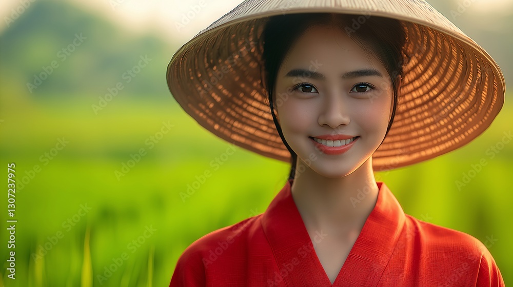 Traditional young woman in red kimono rice field portrait photography lush environment close-up cultural beauty