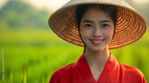 Obraz na płótnie Traditional young woman in red kimono rice field portrait photography lush environment close-up cultural beauty w salonie