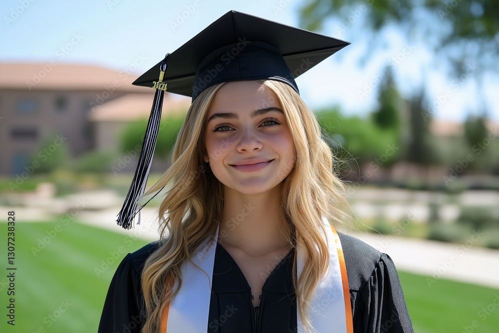 Graduation celebration of young woman university campus portrait bright day smiling achievement