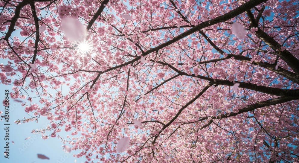 Blossoming cherry trees under a clear sky with sunlight filtering through petals Blossoming cherry trees under a clear sky with sunlight filtering through petals