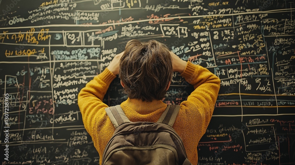 Student analyzing complex equations on black chalkboard classroom educational environment focused viewpoint