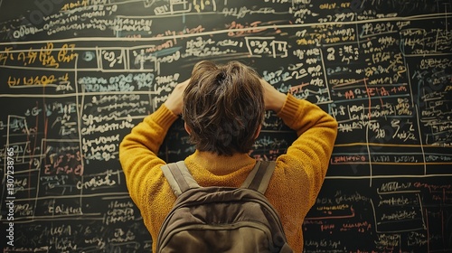 Obraz na płótnie Student analyzing complex equations on black chalkboard classroom educational environment focused viewpoint w salonie
