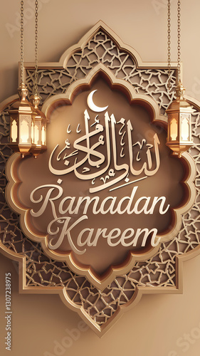 Luxury Ramadan Kareem Typography Design Featuring Elegant Arabic Calligraphy, a Crescent Moon, and Glowing Hanging Lanterns Framed in an Intricate Islamic Decorative Pattern for Ramadan Kareem