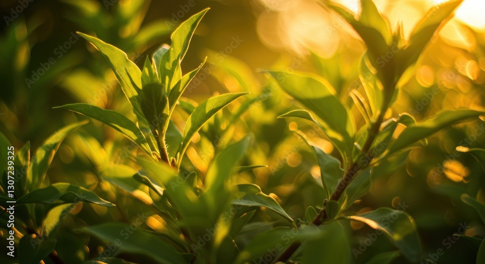 Fototapeta premium Lush Green Leaves Bathed in Golden Sunset Light with a Soft Focus Background