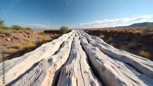 Petrified Forest Vista: Ancient Stone Wood in Arid Landscape, Desert Scenery Under Clear Blue Sky photo