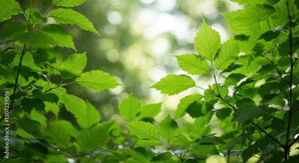 Lush green leaves in a serene forest setting with soft sunlight filtering through Lush green leaves in a serene forest setting with soft sunlight filtering through