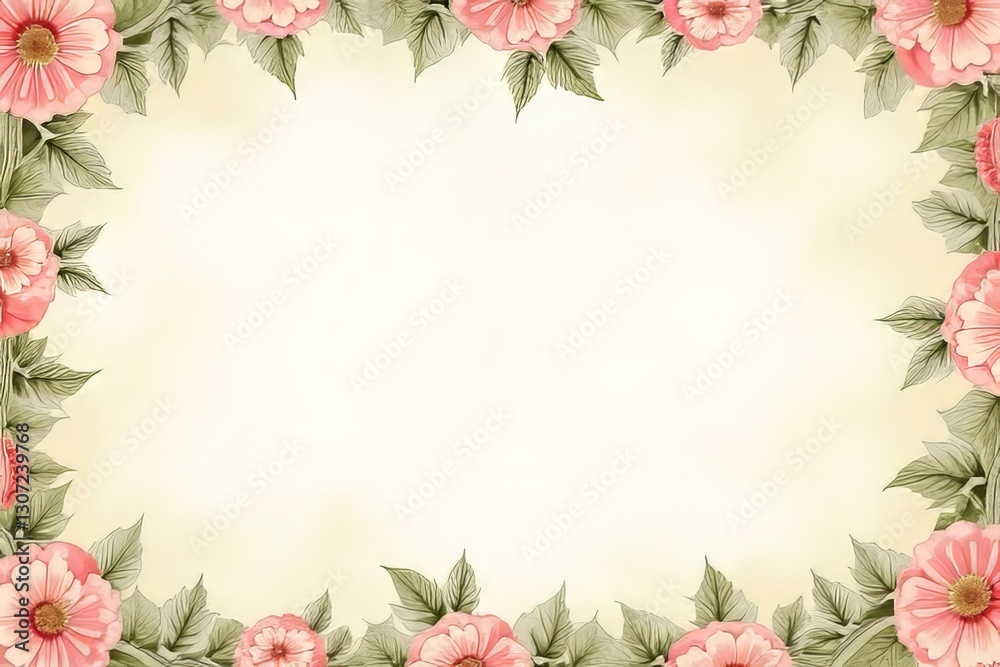 Fototapeta premium Delicate Pink Floral Border on Light Cream Background