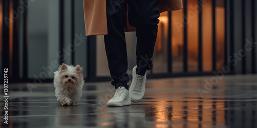 Fototapeta Naklejka Na Ścianę i Meble -  Dog walks with owner at dusk on a wet urban street with modern architecture