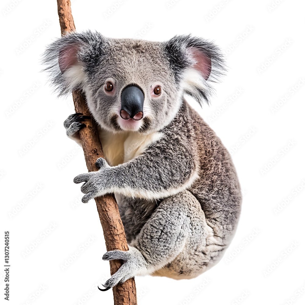 Naklejka premium Adorable Koala Hanging on a Branch Isolated on White Background