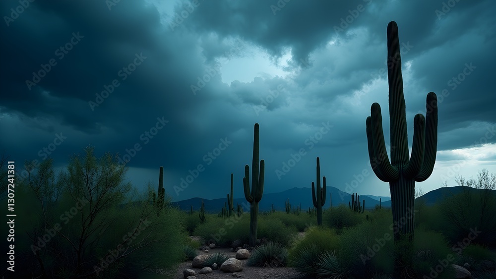 Stormy Sky over Cactus Desert Landscape: A dramatic desert storm over the Saguaro cactus, Arizona wilderness Stormy Sky over Cactus Desert Landscape: A dramatic desert storm over the Saguaro cactus, Arizona wilderness