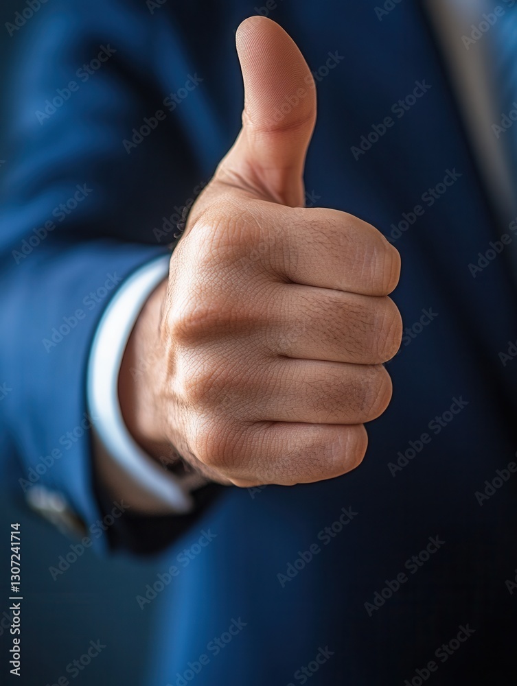 Hand giving thumbs up gesture in blue suit close-up.