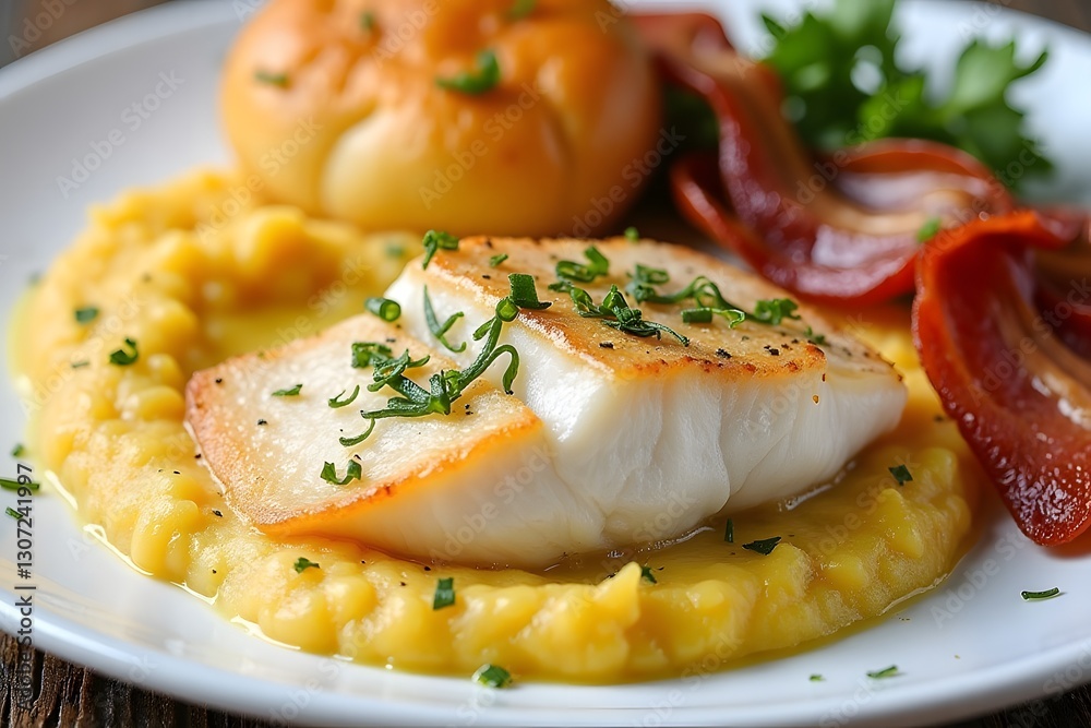 Grilled fish on creamy mashed potatoes with roasted vegetables and bun, Lutfisk Grilled fish on creamy mashed potatoes with roasted vegetables and bun, Lutfisk