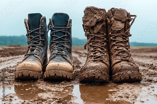 A pair of rugged leather work boots, one clean and the other heavily caked in mud, standing side by side on a wet, dirt road with puddles  - AI Generated Digital Art. photo