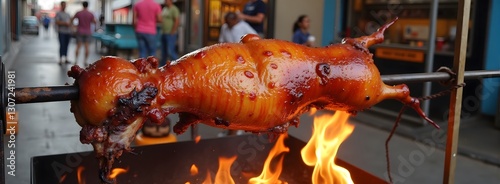Whole roast pig on spit over open flame in outdoor market setting, Lechon