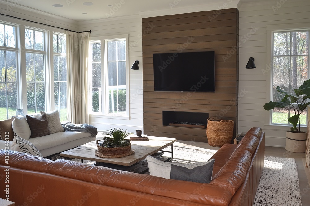 Cozy living room design modern home interior photography bright environment wide angle comfort concept