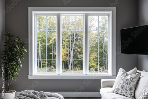 Cozy living room with scenic window view nature outside interior design modern home calm atmosphere