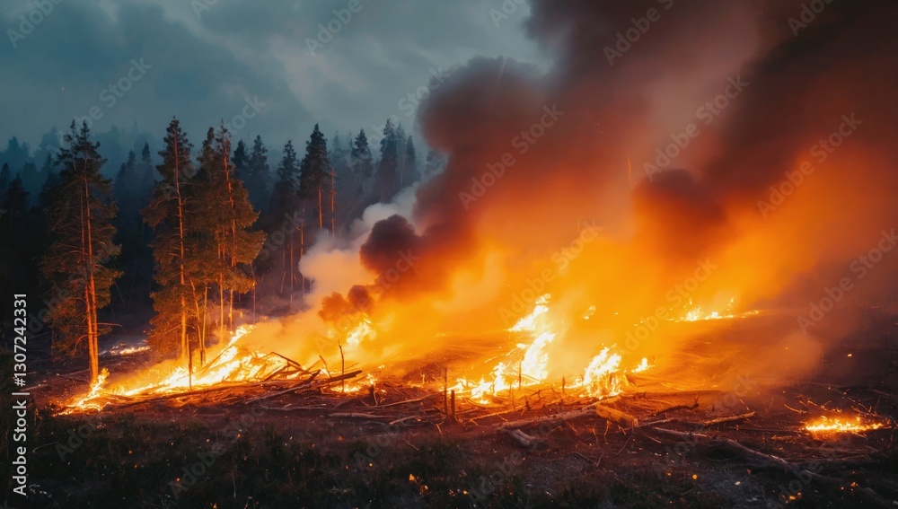 Flames rage through a dense forest, consuming timber and underbrush as thick smoke billows into the twilight sky. The aftermath shows the devastation caused by the wildfire Flames rage through a dense forest, consuming timber and underbrush as thick smoke billows into the twilight sky. The aftermath shows the devastation caused by the wildfire