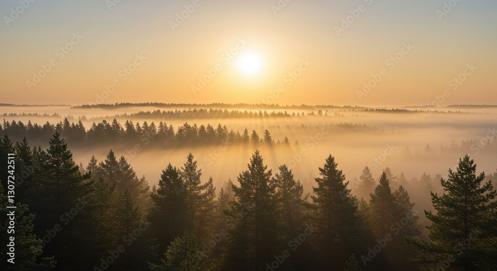 Fototapeta premium Serene Sunrise Over Misty Forest Landscape with Sunbeams and Tranquil Atmosphere