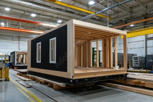 A modern modular home under construction in a factory setting, showcasing its wooden frame and black exterior.