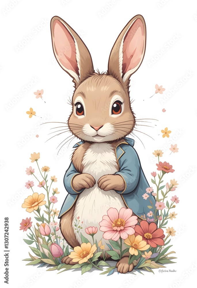 Obraz premium Cute Bunny with Flowers Whimsical Easter Illustration