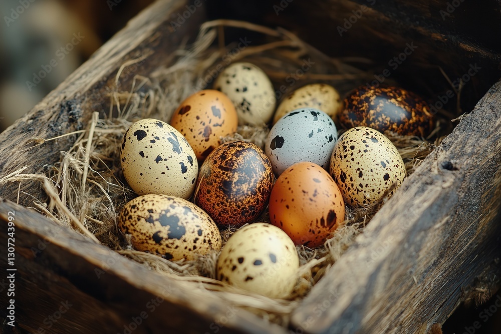 Easter eggs in a nesting box with quail eggs that are beautiful and decorative. The idea of celebrating Easter. Generative Ai Easter eggs in a nesting box with quail eggs that are beautiful and decorative. The idea of celebrating Easter. Generative Ai