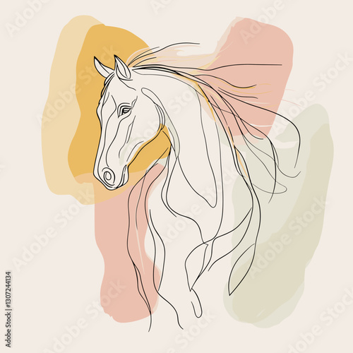 Minimalist horse line art illustration with abstract pastel background