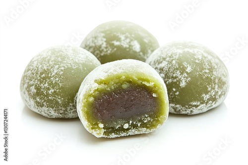 Matcha-flavored mochi with bean paste filling isolated on white background 