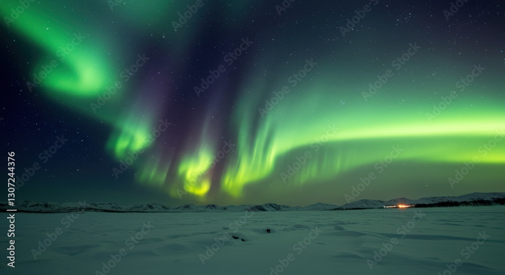 Naklejka premium Stunning Aurora Borealis Illuminates Winter Landscape with Mountains in Background